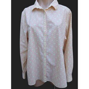 Lands End Yellow Pink Button Front Top Shirt Womens 18 No Iron Supima Cotton